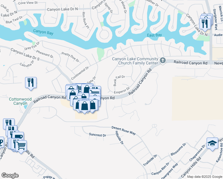 map of restaurants, bars, coffee shops, grocery stores, and more near 30299 Buck Tail Drive in Canyon Lake