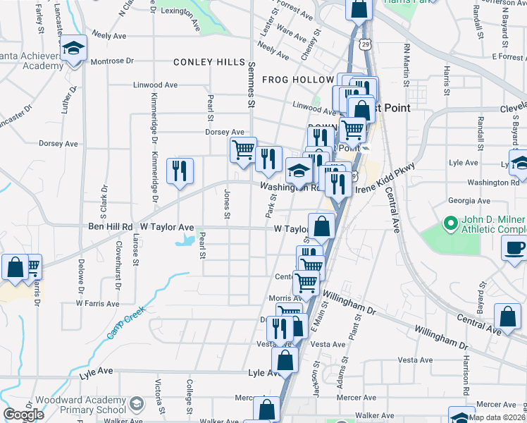 map of restaurants, bars, coffee shops, grocery stores, and more near 2940 Semmes Street in East Point
