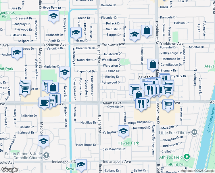 map of restaurants, bars, coffee shops, grocery stores, and more near 19846 Lures Lane in Huntington Beach