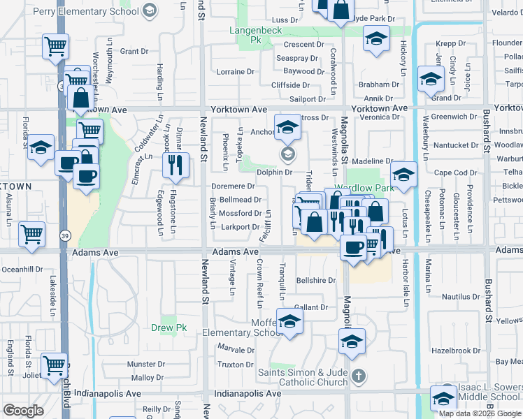 map of restaurants, bars, coffee shops, grocery stores, and more near 8711 Bellmead Drive in Huntington Beach