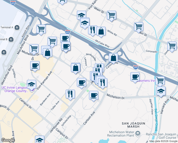 map of restaurants, bars, coffee shops, grocery stores, and more near 3305 Rivington in Irvine