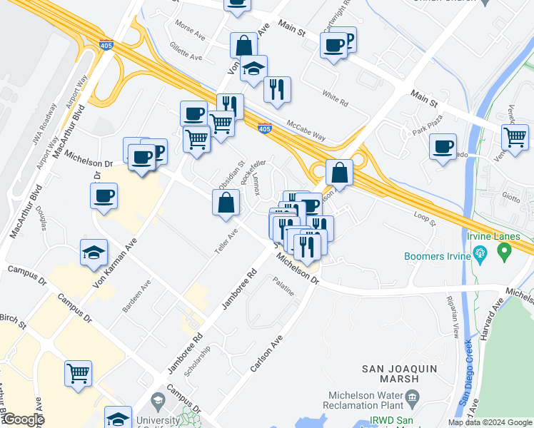 map of restaurants, bars, coffee shops, grocery stores, and more near 3603 Rivington in Irvine