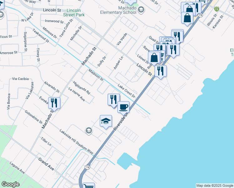 map of restaurants, bars, coffee shops, grocery stores, and more near 1101 Cleveland Court in Lake Elsinore