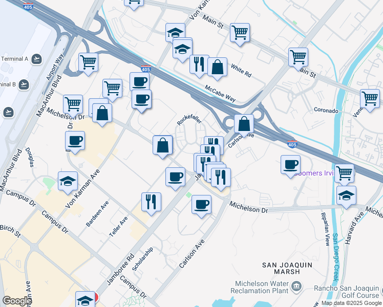 map of restaurants, bars, coffee shops, grocery stores, and more near 1702 Rivington in Irvine