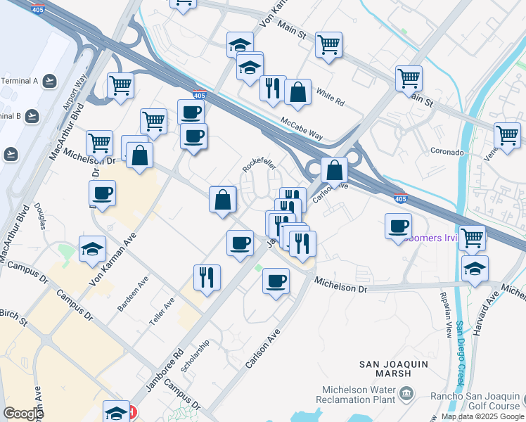 map of restaurants, bars, coffee shops, grocery stores, and more near 31 Gramercy in Irvine