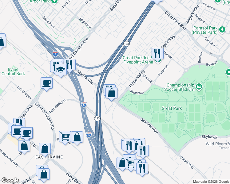 map of restaurants, bars, coffee shops, grocery stores, and more near 140 Palencia in Irvine