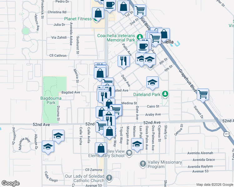 map of restaurants, bars, coffee shops, grocery stores, and more near Damascus Avenue in Coachella