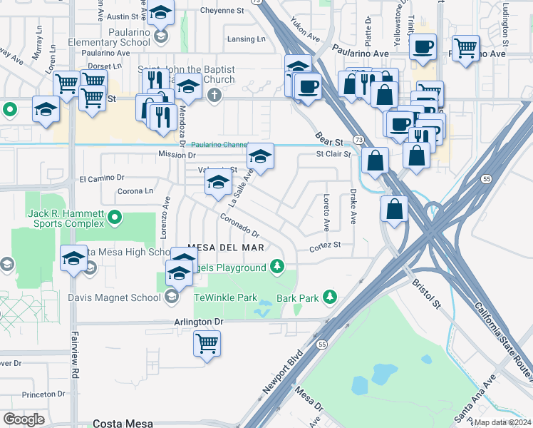map of restaurants, bars, coffee shops, grocery stores, and more near 957 Magellan Street in Costa Mesa
