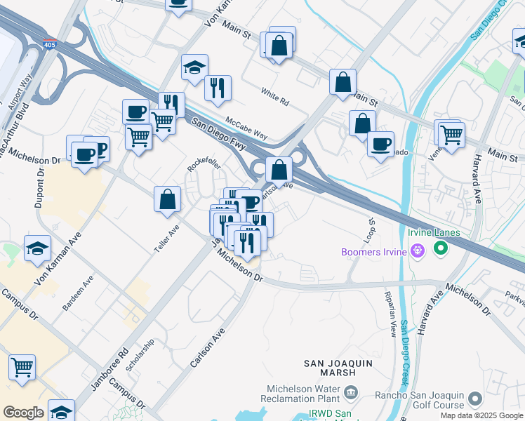 map of restaurants, bars, coffee shops, grocery stores, and more near 3121 Michelson Drive in Irvine