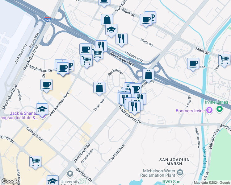 map of restaurants, bars, coffee shops, grocery stores, and more near 1606 Rivington in Irvine