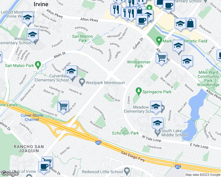 map of restaurants, bars, coffee shops, grocery stores, and more near 18 Fox Hollow in Irvine