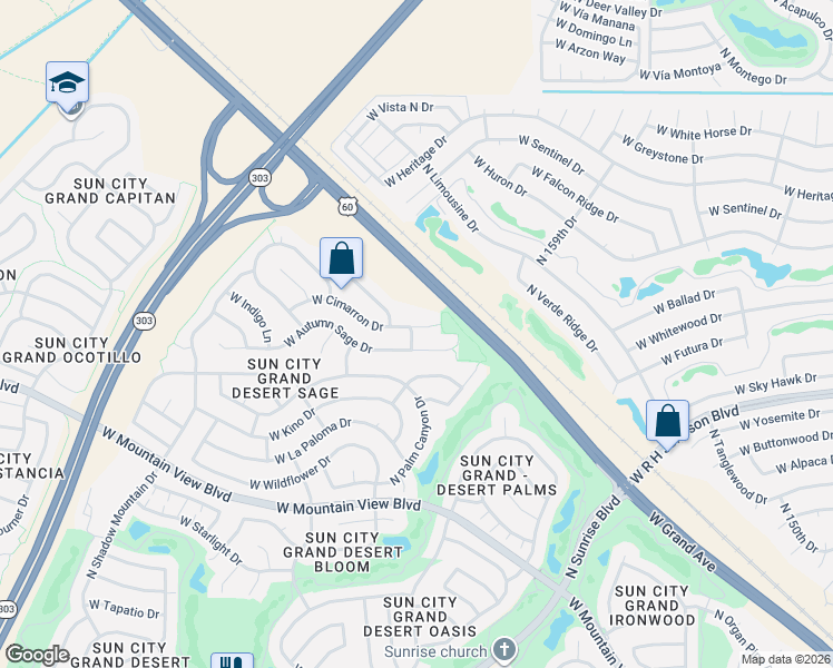 map of restaurants, bars, coffee shops, grocery stores, and more near 15688 West Cimarron Drive in Surprise