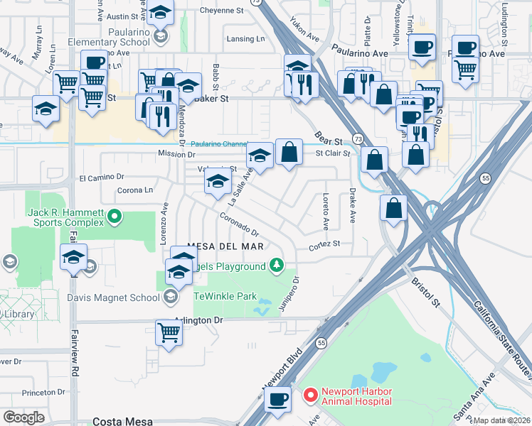 map of restaurants, bars, coffee shops, grocery stores, and more near 957 Magellan Street in Costa Mesa