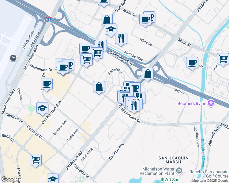 map of restaurants, bars, coffee shops, grocery stores, and more near 2209 Rivington in Irvine