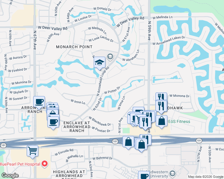 map of restaurants, bars, coffee shops, grocery stores, and more near 6111 West Rose Garden Lane in Glendale