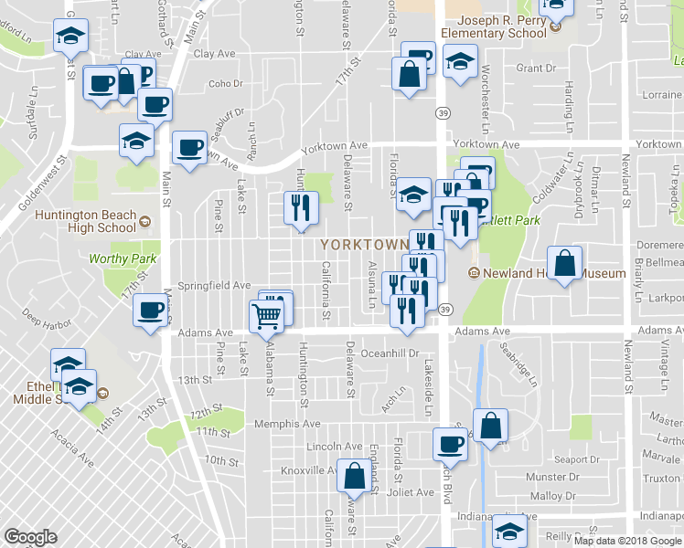 map of restaurants, bars, coffee shops, grocery stores, and more near 1909 Delaware Street in Huntington Beach