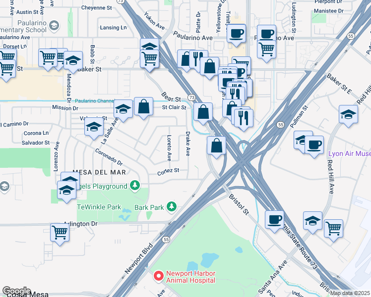 map of restaurants, bars, coffee shops, grocery stores, and more near 2821 Drake Avenue in Costa Mesa