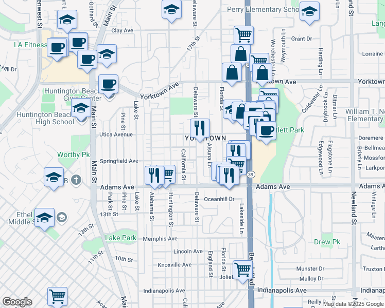 map of restaurants, bars, coffee shops, grocery stores, and more near 1909 Delaware Street in Huntington Beach