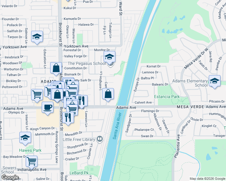 map of restaurants, bars, coffee shops, grocery stores, and more near 10402 Oronsay Circle in Huntington Beach