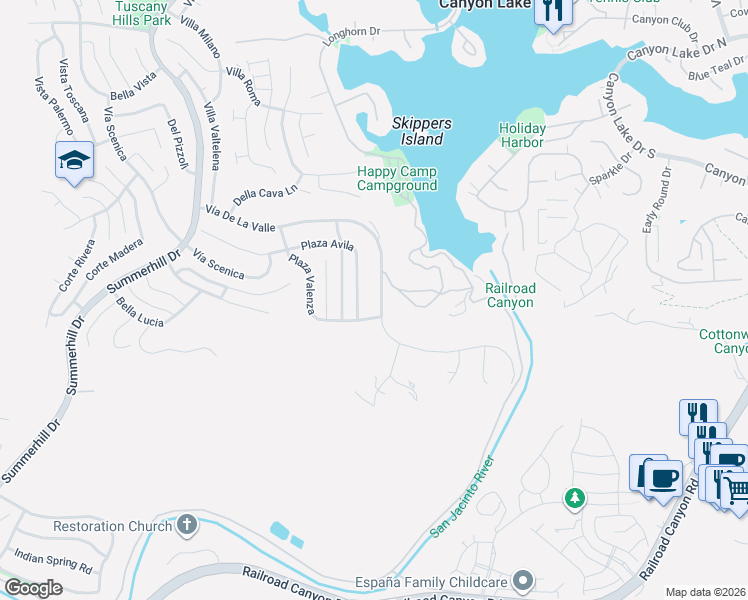 map of restaurants, bars, coffee shops, grocery stores, and more near 100 Vía De La Valle in Lake Elsinore