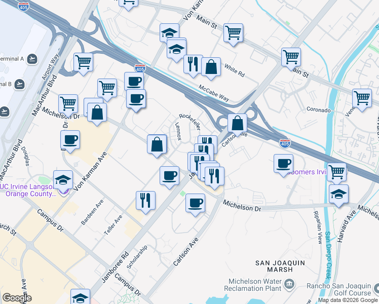 map of restaurants, bars, coffee shops, grocery stores, and more near 3503 Rivington in Irvine