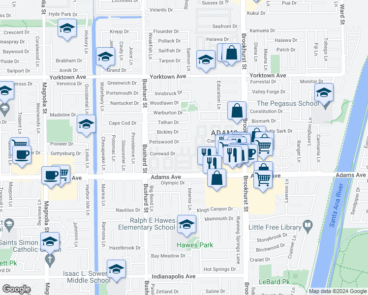 map of restaurants, bars, coffee shops, grocery stores, and more near 19842 Leighton Lane in Huntington Beach