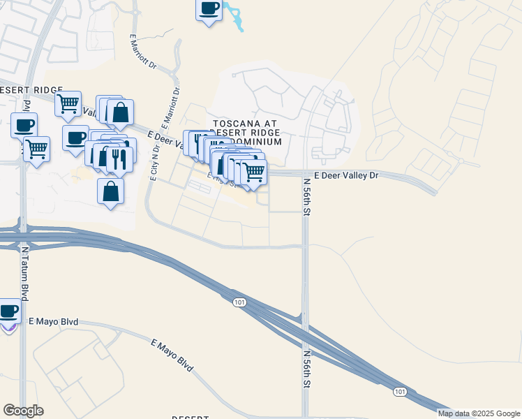 map of restaurants, bars, coffee shops, grocery stores, and more near 5455 East High Street in Phoenix