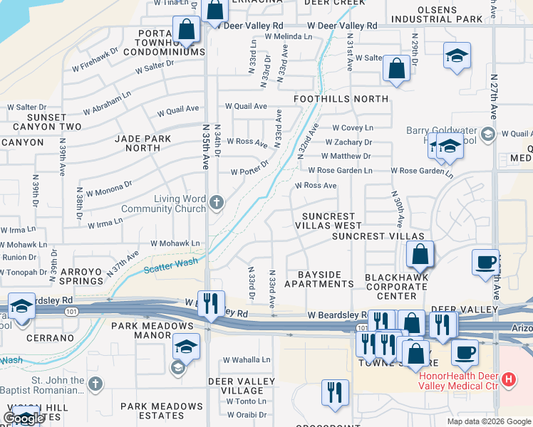 map of restaurants, bars, coffee shops, grocery stores, and more near 3218 West Potter Drive in Phoenix