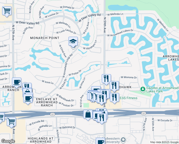map of restaurants, bars, coffee shops, grocery stores, and more near 6021 West Potter Drive in Glendale