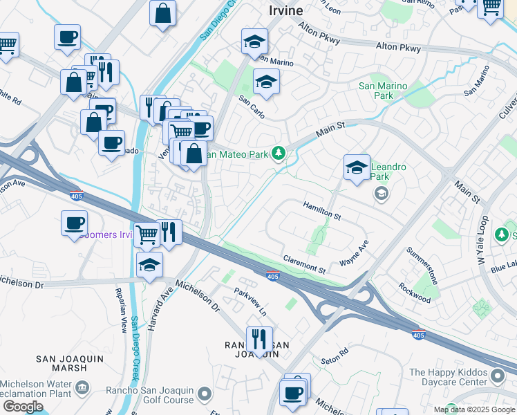 map of restaurants, bars, coffee shops, grocery stores, and more near 17571 Manchester Avenue in Irvine