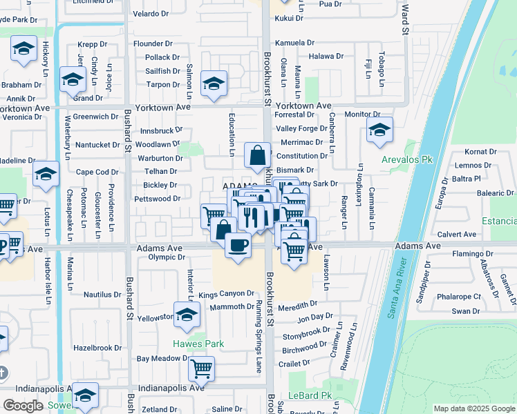 map of restaurants, bars, coffee shops, grocery stores, and more near 19801 Brookhurst Street in Huntington Beach