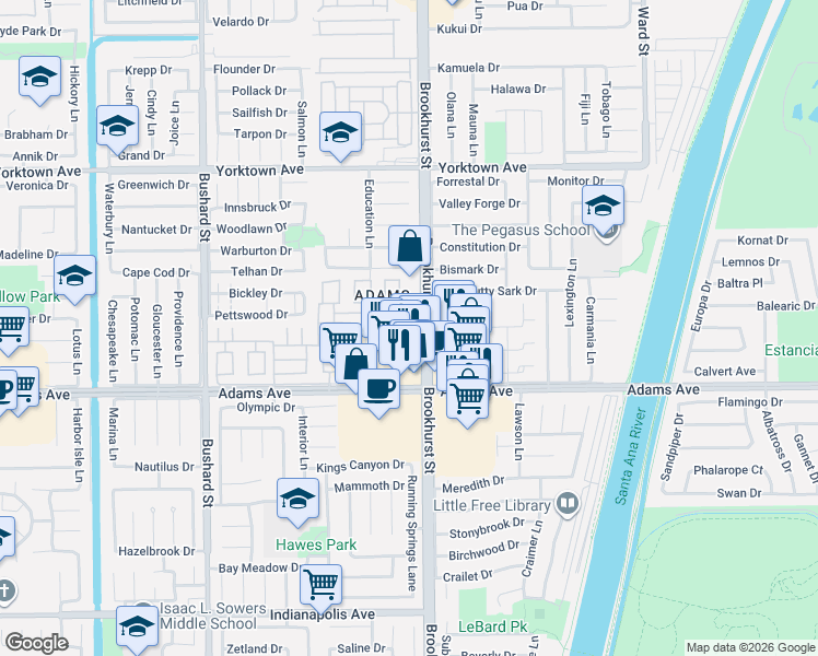 map of restaurants, bars, coffee shops, grocery stores, and more near 19801 Brookhurst Street in Huntington Beach
