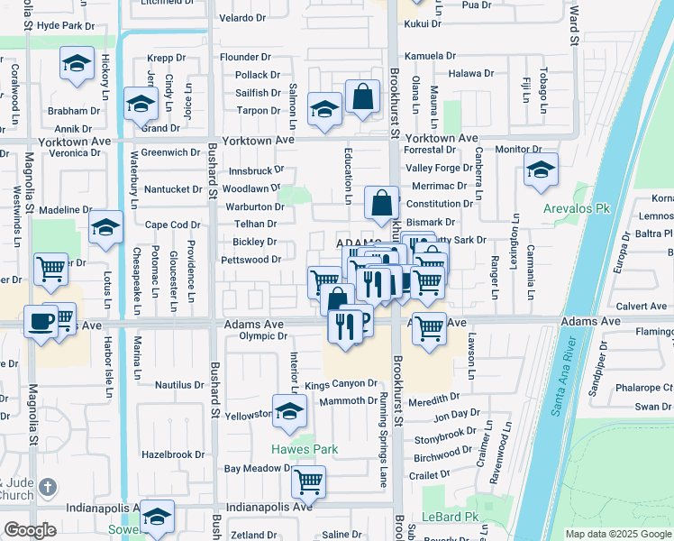 map of restaurants, bars, coffee shops, grocery stores, and more near 9805 Continental Drive in Huntington Beach
