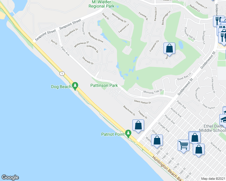 map of restaurants, bars, coffee shops, grocery stores, and more near 6200 Palm Avenue in Huntington Beach