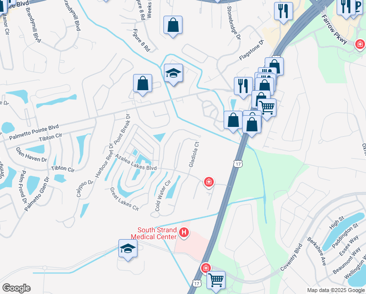 map of restaurants, bars, coffee shops, grocery stores, and more near 3983 Gladiola Court in Myrtle Beach