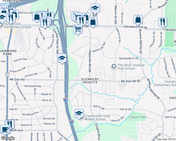 map of restaurants, bars, coffee shops, grocery stores, and more near 2934 Waters Road Southwest in Atlanta