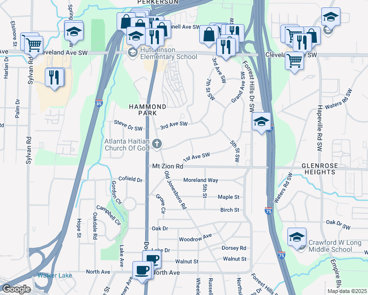 map of restaurants, bars, coffee shops, grocery stores, and more near 3008 Grand Avenue Southwest in Atlanta