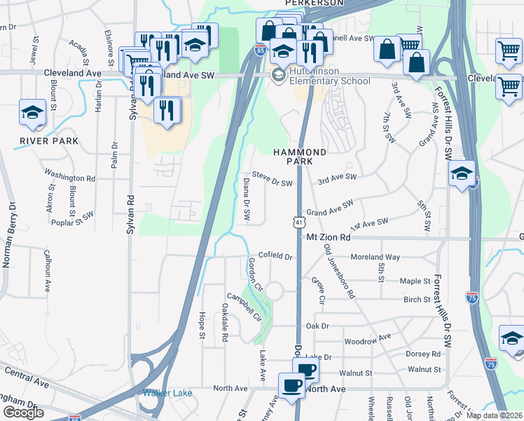 map of restaurants, bars, coffee shops, grocery stores, and more near 2933 Wanda Circle Southwest in Atlanta