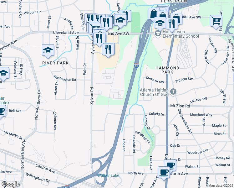 map of restaurants, bars, coffee shops, grocery stores, and more near 2950 Springdale Road Southwest in Atlanta