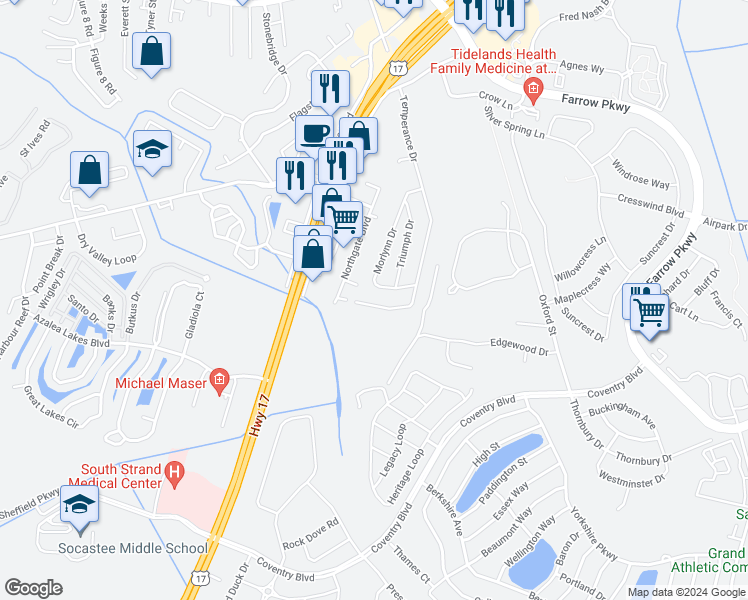 map of restaurants, bars, coffee shops, grocery stores, and more near 2619 Temperance Drive in Myrtle Beach