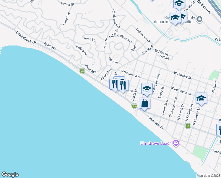 map of restaurants, bars, coffee shops, grocery stores, and more near 2 Chaney Street in Lake Elsinore