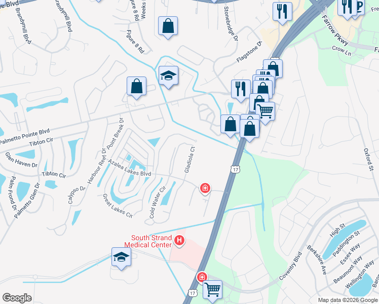map of restaurants, bars, coffee shops, grocery stores, and more near 138 Butkus Drive in Myrtle Beach