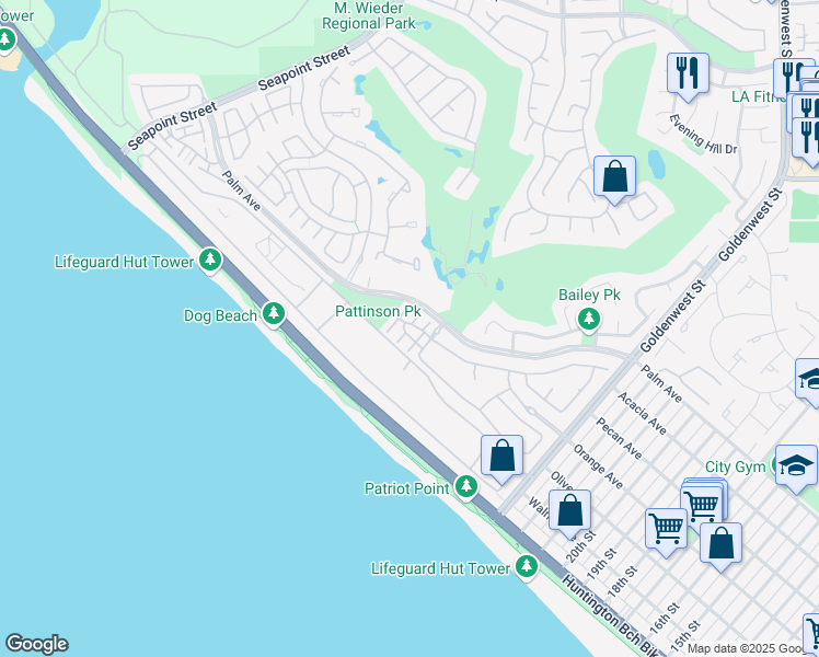 map of restaurants, bars, coffee shops, grocery stores, and more near 6200 Palm Avenue in Huntington Beach