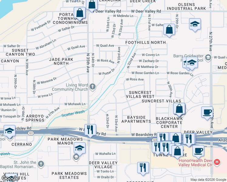 map of restaurants, bars, coffee shops, grocery stores, and more near 3218 West Potter Drive in Phoenix