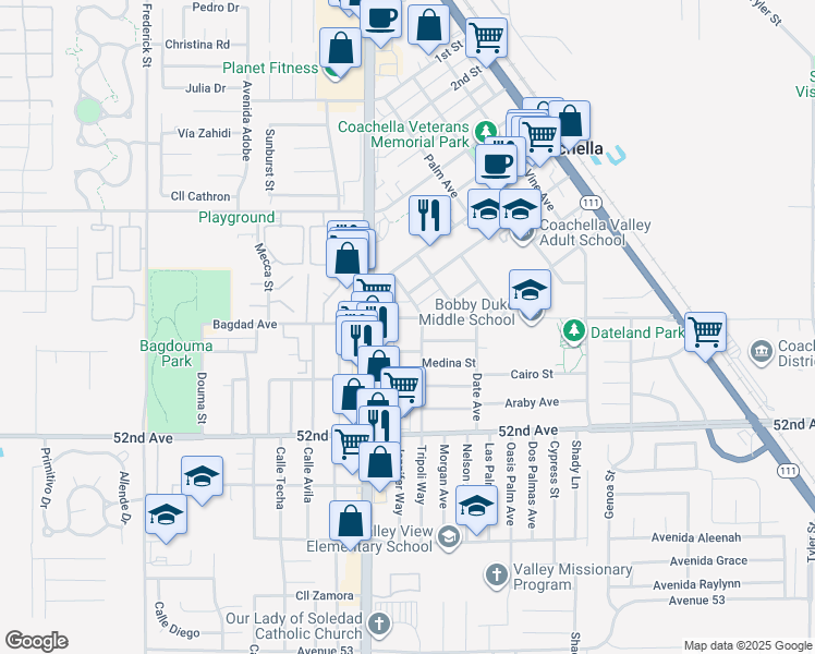 map of restaurants, bars, coffee shops, grocery stores, and more near Damascus Avenue in Coachella