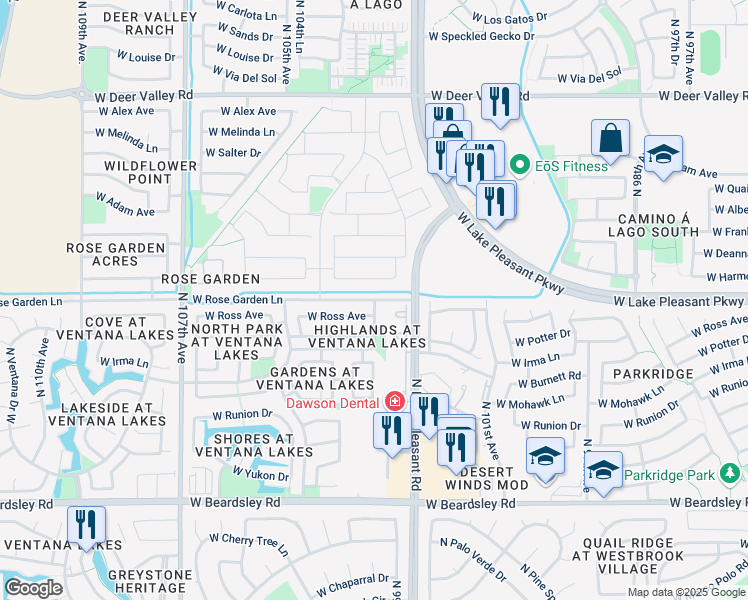 map of restaurants, bars, coffee shops, grocery stores, and more near 10268 West Rose Garden Lane in Peoria