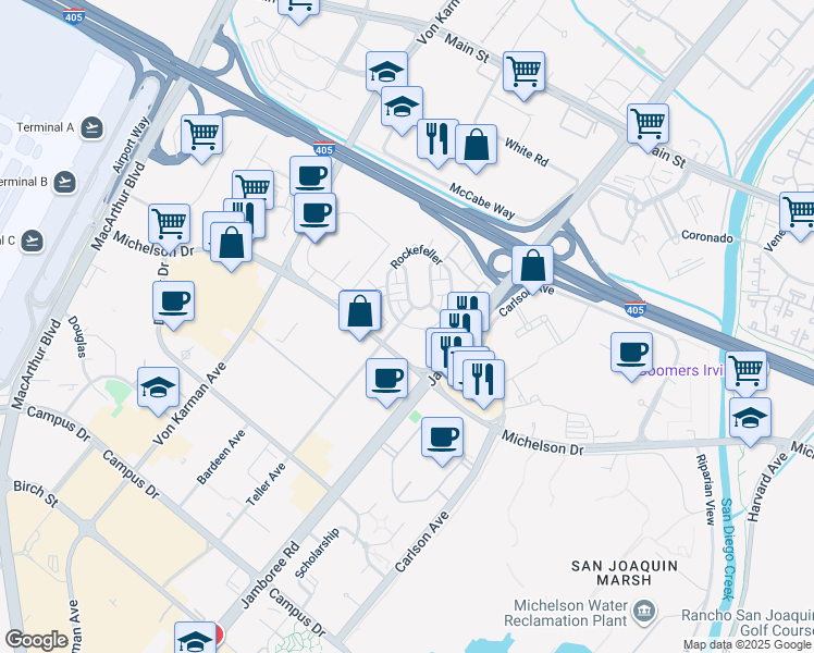 map of restaurants, bars, coffee shops, grocery stores, and more near 1202 Rivington in Irvine