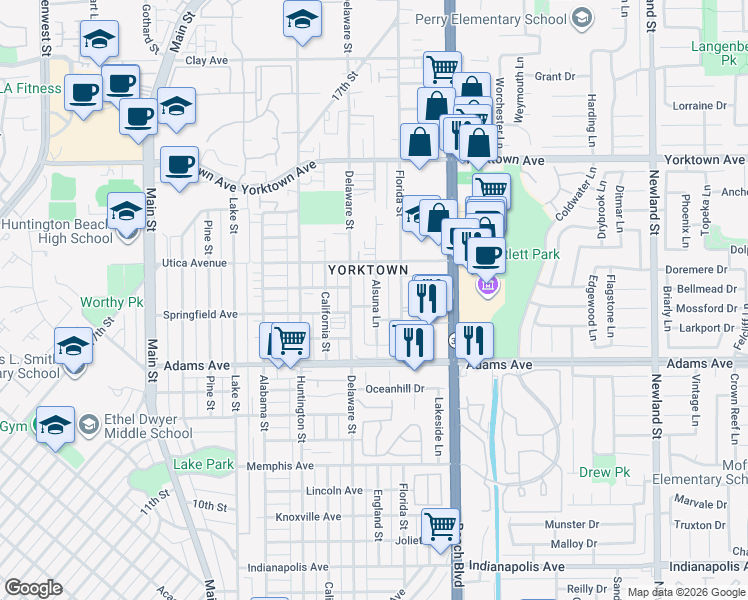 map of restaurants, bars, coffee shops, grocery stores, and more near 1903 Alsuna Lane in Huntington Beach