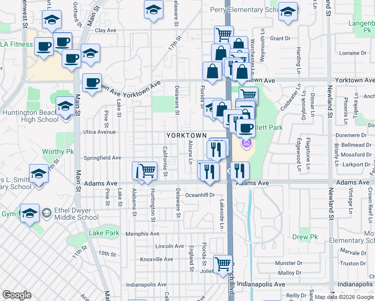 map of restaurants, bars, coffee shops, grocery stores, and more near 1903 Alsuna Lane in Huntington Beach
