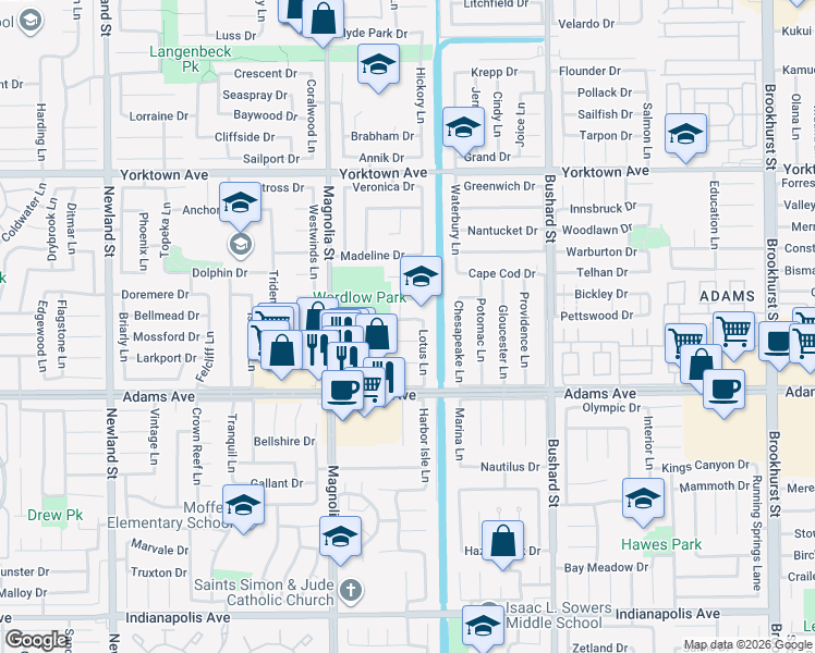 map of restaurants, bars, coffee shops, grocery stores, and more near 9172 Pioneer Drive in Huntington Beach